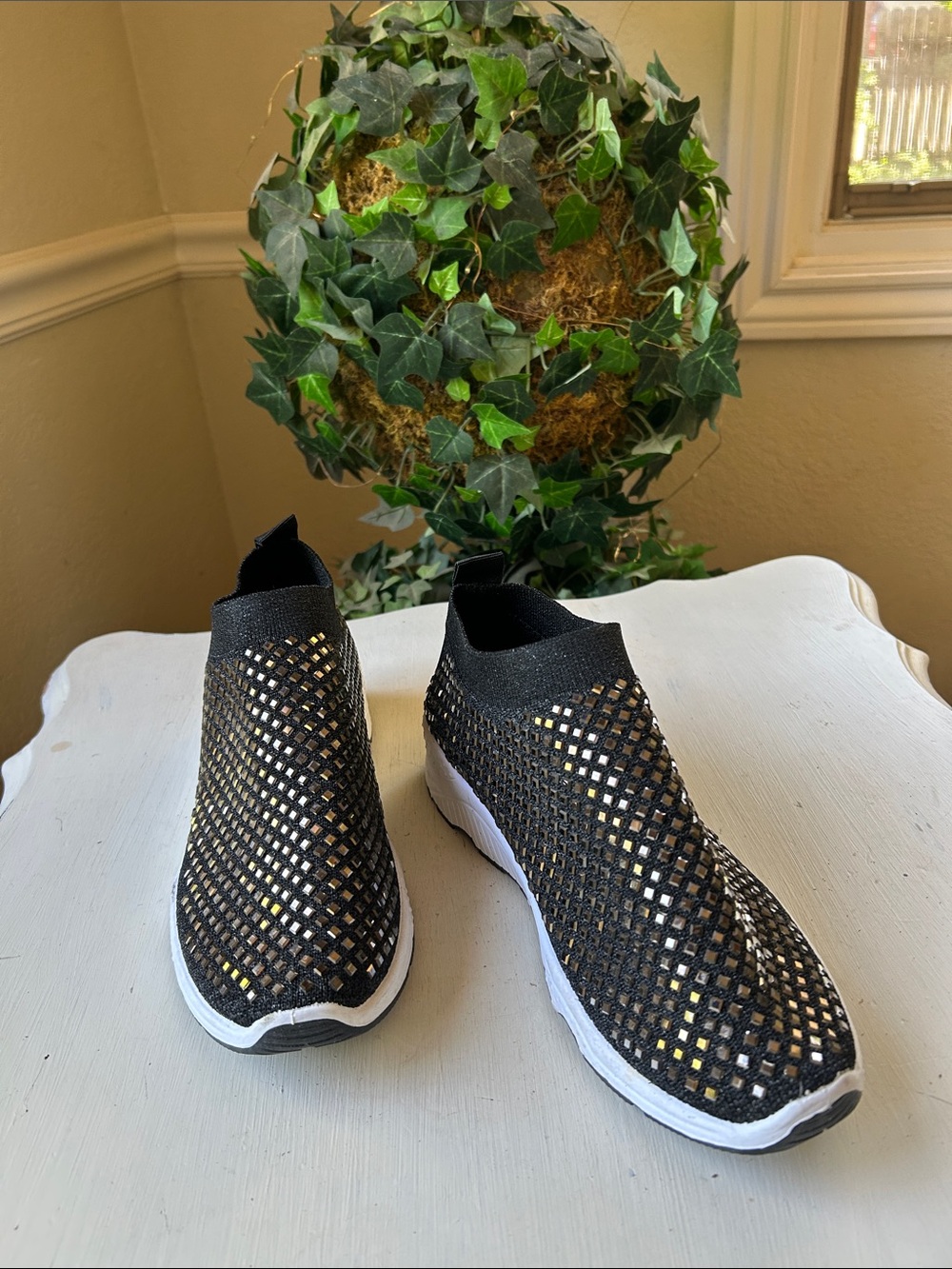 Atalina Black Slip-On Mesh Sneakers Featuring Sparkly Rhinestone with White Sole - Picture 3 of 11
